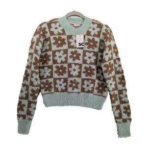 SO Floral Cropped Sweater XS Blue Brown‎ Fuzzy Super Soft Crew Neck Long Sleeve